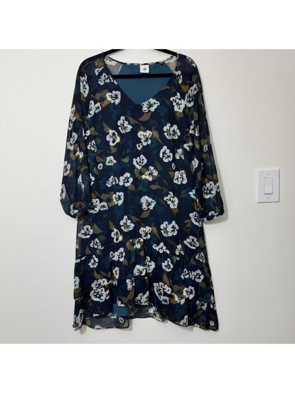 Cabi Chiffon Floral Tiered Dress Size XL Drop Waist Long Sleeve Lined